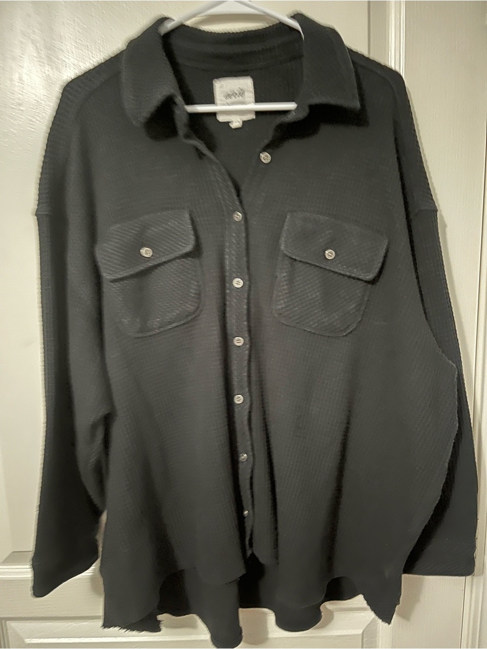 aerie Black Button-Front Long Sleeve Waffle Knit Shirt